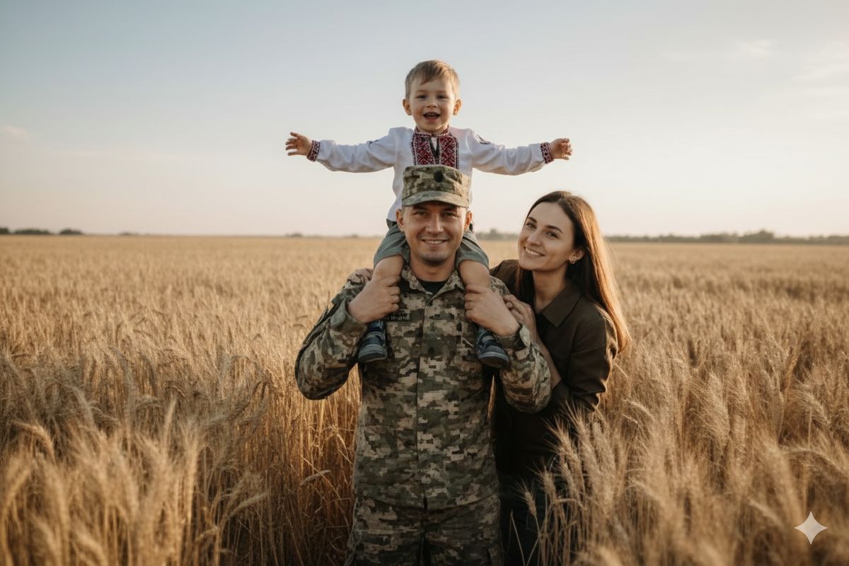 Сім’я військового з дитиною на полі пшениці